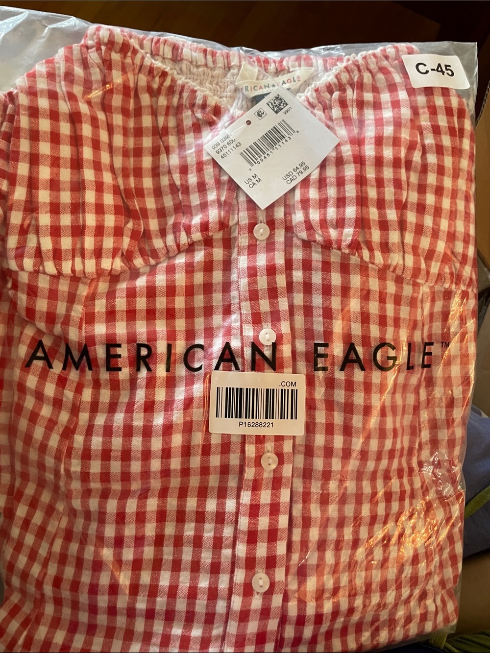 American Eagle Outfitters Pink and White Gingham Button-Down Shirt